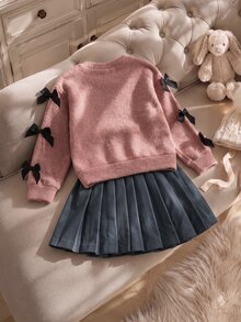 SHEIN Elladie kids Young Girls Bowknot Knit Sweater & Pleated Skirt Set, Long Sleeve Knitwear 2pcs Outfits, Cute Pink Preppy Style Clothes For Winter - Pink - View 3