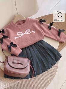 SHEIN Elladie kids Young Girls Bowknot Knit Sweater & Pleated Skirt Set, Long Sleeve Knitwear 2pcs Outfits, Cute Pink Preppy Style Clothes For Winter - Pink - View 5