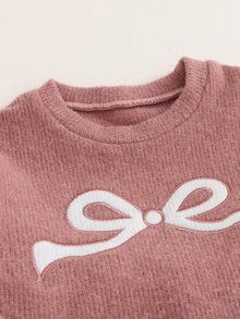 SHEIN Elladie kids Young Girls Bowknot Knit Sweater & Pleated Skirt Set, Long Sleeve Knitwear 2pcs Outfits, Cute Pink Preppy Style Clothes For Winter - Pink - View 7