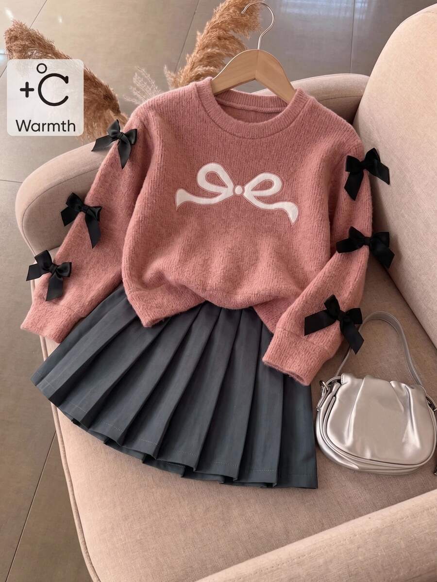 SHEIN Elladie kids Young Girls Bowknot Knit Sweater & Pleated Skirt Set, Long Sleeve Knitwear 2pcs Outfits, Cute Pink Preppy Style Clothes For Winter
