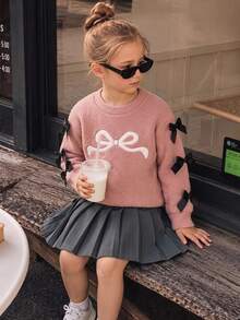 SHEIN Elladie kids Young Girls Bowknot Knit Sweater & Pleated Skirt Set, Long Sleeve Knitwear 2pcs Outfits, Cute Pink Preppy Style Clothes For Winter - Pink - View 6