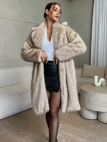 Firerie Women Elegant Long Faux Fur Coat In Fall/Winter Night Going Out Party Dark Brown - Apricot - View 6