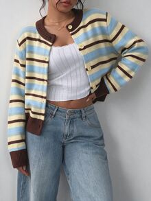 SHEIN BASICS 休閒極簡風女款開襟針織衫，適合秋冬外出，女款秋冬條紋毛衣，女款秋冬服飾，秋季穿搭，女款通勤穿搭，基礎上衣，外出穿搭，機場穿搭 - 黑色 - 查看 6