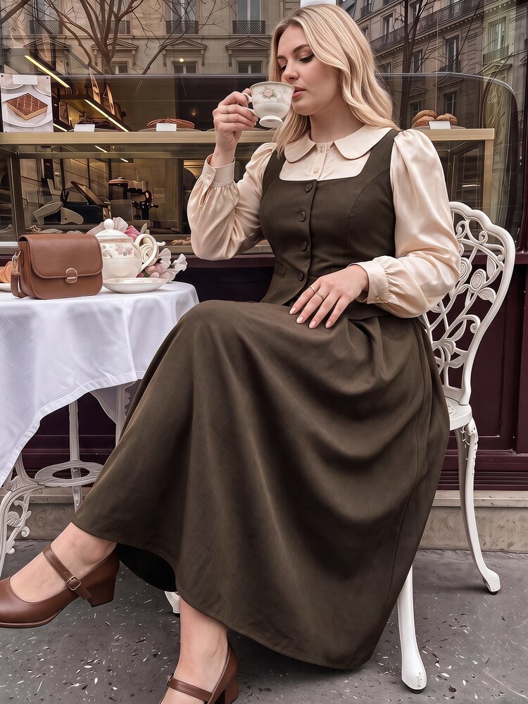 SHEIN MOD Plus-Size Brown Retro-Style Peter Pan Collar Long-Sleeved Shirt And Pleated Maxi Skirt Set; Sweet, Casual, And Perfect For Autumn/Winter.Christmas - Brown - View 4