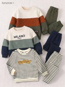 SHEIN Kids Young Boy Contrast Color Striped Embroidered Collar Long Sleeve Pullover Sweatshirt, Versatile & Comfortable, College Sports Casual, Suitable For Spring, Summer, Autumn, Winter - Multicolor - View 3