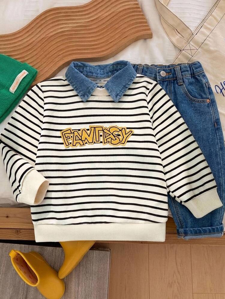 SHEIN Kids Young Boy Contrast Color Striped Embroidered Collar Long Sleeve Pullover Sweatshirt, Versatile & Comfortable, College Sports Casual, Suitable For Spring, Summer, Autumn, Winter - Multicolor - View 3