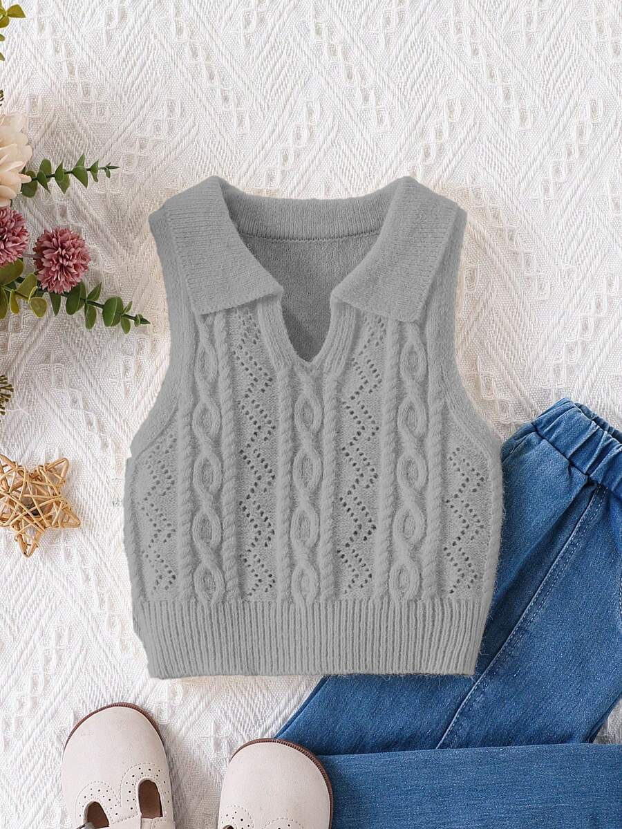 Young Girl Cable Knit Turn-Down Collar Casual Sleeveless Gray Breathable Soft Relaxed Easy-Care Bold Chic Cool Fresh Girls Top