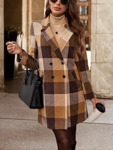 Editum 女士经典格子驼色大衣，翻领、纽扣开合和装饰点缀，适合秋季、冬季和春季，优雅而温暖 - 彩色 - 查看 5
