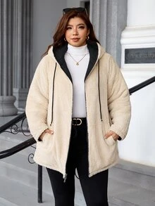 SHEIN Clasi 大尺碼冬季休閒寬鬆西式保暖內裡連帽外套 家庭度假假期黑色 - 黑色 - 查看 8
