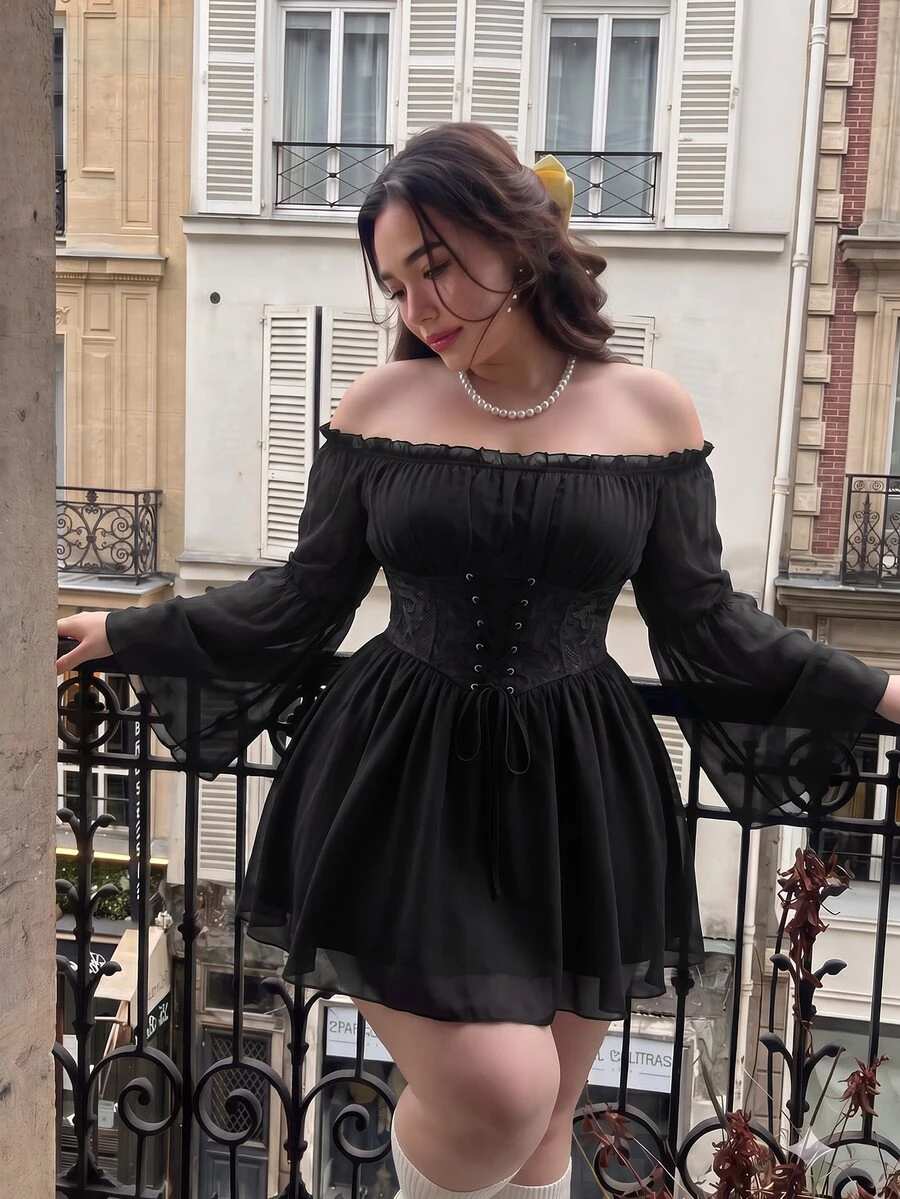 SHEIN MOD Plus Size Women's Solid Color Frill Trim Off-Shoulder Flared Sleeve Waist Tie Design Fashion Dress - Black - View 1