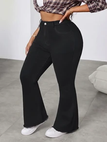 SHEIN CURVE+ Women's Plus Size High Waist Flare Leg Solid Color Denim Jeans - Black - View 5