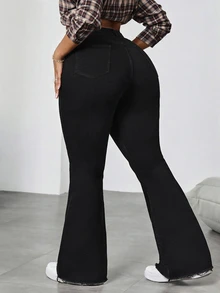 SHEIN CURVE+ Women's Plus Size High Waist Flare Leg Solid Color Denim Jeans - Black - View 2