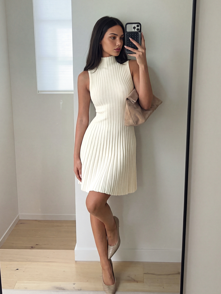 Aloruh Minimalist Elegant Stand Collar Sleeveless A-Line Mini Ribbed Knit Dress For Women,Autumn Everyday Off-White Brunch Everyday - White - View 3