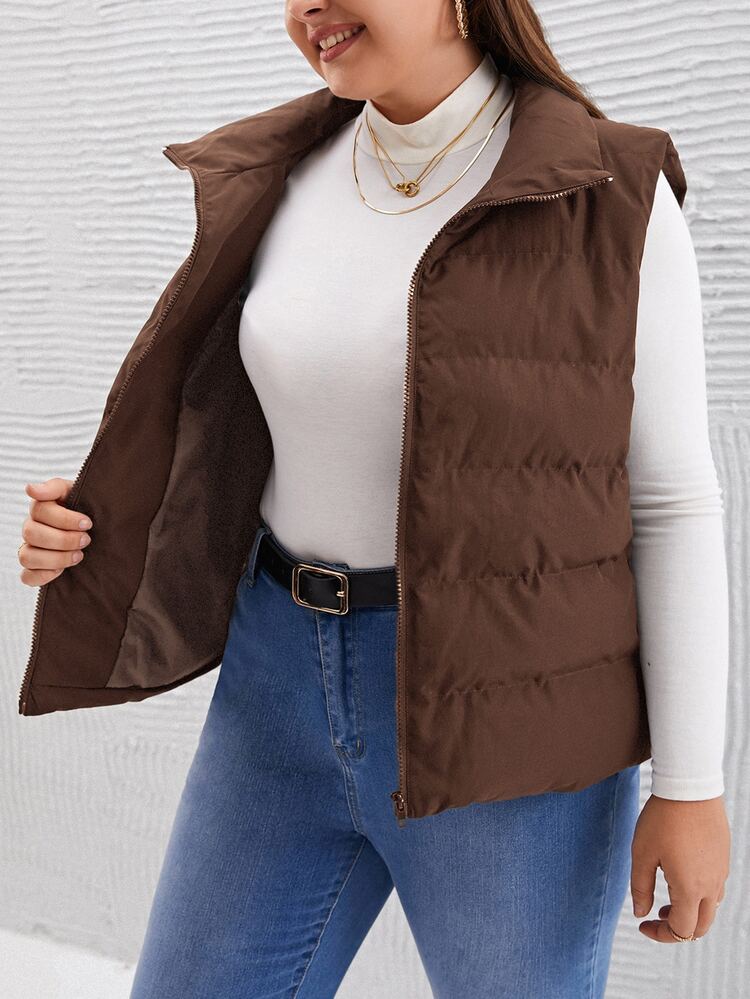 SHEIN LUNE Plus Size Solid Color Sleeveless Casual Coat, Autumn/Winter,Fall - Chocolate Brown - View 5