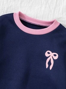 SHEIN Young Girls 2pcs Set, Pink Bow Decor Crew Navy Blue Long Sleeve Graphic Sweatshirt & Wide Leg Pants,For Holiday,New Fall Style - Royal Blue - View 7