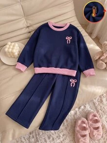 SHEIN Young Girls 2pcs Set, Pink Bow Decor Crew Navy Blue Long Sleeve Graphic Sweatshirt & Wide Leg Pants,For Holiday,New Fall Style - Royal Blue - View 8