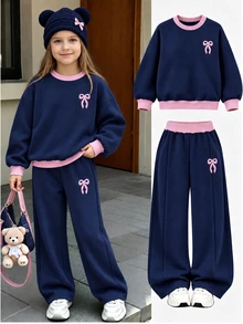 SHEIN Young Girls 2pcs Set, Pink Bow Decor Crew Navy Blue Long Sleeve Graphic Sweatshirt & Wide Leg Pants,For Holiday,New Fall Style - Royal Blue - View 1