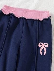 SHEIN Young Girls 2pcs Set, Pink Bow Decor Crew Navy Blue Long Sleeve Graphic Sweatshirt & Wide Leg Pants,For Holiday,New Fall Style - Royal Blue - View 5