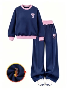 SHEIN Young Girls 2pcs Set, Pink Bow Decor Crew Navy Blue Long Sleeve Graphic Sweatshirt & Wide Leg Pants,For Holiday,New Fall Style - Royal Blue - View 4