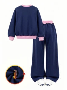 SHEIN Young Girls 2pcs Set, Pink Bow Decor Crew Navy Blue Long Sleeve Graphic Sweatshirt & Wide Leg Pants,For Holiday,New Fall Style - Royal Blue - View 2