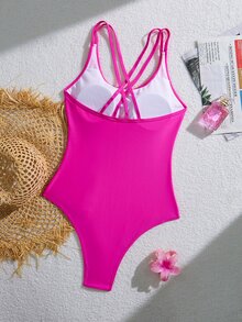 Swim Basics Summer Beach Plain One Piece Swimsuit - Hot Pink - View 5