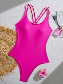 Swim Basics Summer Beach Plain One Piece Swimsuit - Hot Pink - View 4