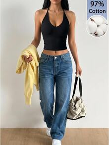 SHEIN EZwear Tank Top Halter Rajut Kasual Hitam Bergaris untuk Wanita - Hitam - View 3