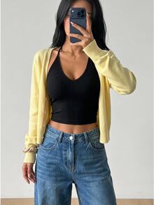 SHEIN EZwear Tank Top Halter Rajut Kasual Hitam Bergaris untuk Wanita - Hitam - View 4