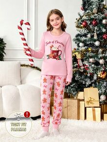 Tween Girl Autumn/Winter Christmas Pajamas 2pcs Snug Fit Long Sleeve Pants Top Print Allover Pink - Baby Pink - View 1