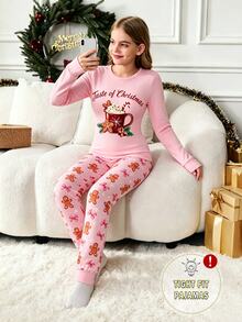 Tween Girl Autumn/Winter Christmas Pajamas 2pcs Snug Fit Long Sleeve Pants Top Print Allover Pink - Baby Pink - View 4