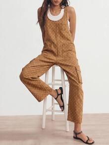 Bohemela Women's Polka Dot Pattern Pocket Design Casual 70S Denim Overalls Picnic Summer Fall Brown And White Polka Dot - Khaki - View 9