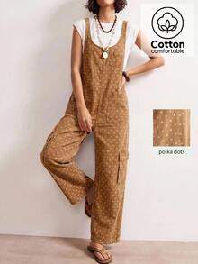 Bohemela Women's Polka Dot Pattern Pocket Design Casual 70S Denim Overalls Picnic Summer Fall Brown And White Polka Dot - Khaki - View 5