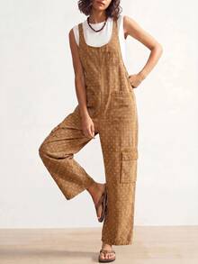 Bohemela Women's Polka Dot Pattern Pocket Design Casual 70S Denim Overalls Picnic Summer Fall Brown And White Polka Dot - Khaki - View 7