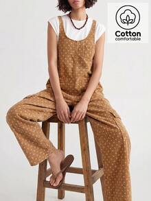 Bohemela Women's Polka Dot Pattern Pocket Design Casual 70S Denim Overalls Picnic Summer Fall Brown And White Polka Dot - Khaki - View 4