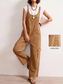 Bohemela Women's Polka Dot Pattern Pocket Design Casual 70S Denim Overalls Picnic Summer Fall Brown And White Polka Dot - Khaki - View 2