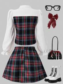 SHEIN Tween Girls Fall Outfits 2pcs/Set Plaid Collared Puff Sleeve Cardigan Top With Elastic Waist Pleated Mini Skirt - Purple - View 3