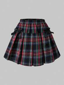 SHEIN Tween Girls Fall Outfits 2pcs/Set Plaid Collared Puff Sleeve Cardigan Top With Elastic Waist Pleated Mini Skirt - Purple - View 6