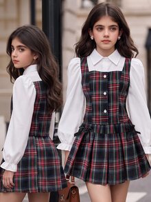 SHEIN Tween Girls Fall Outfits 2pcs/Set Plaid Collared Puff Sleeve Cardigan Top With Elastic Waist Pleated Mini Skirt - Purple - View 2