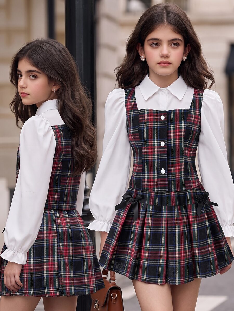 SHEIN Tween Girls Fall Outfits 2pcs/Set Plaid Collared Puff Sleeve Cardigan Top With Elastic Waist Pleated Mini Skirt