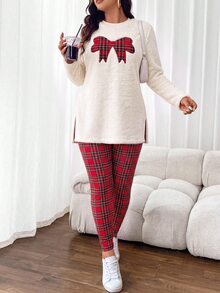 Lounesse Plus Size Women's Plaid Bow Pattern Long Sleeve Top And Pants Casual 2 Pieces Set - Multicolor - View 2