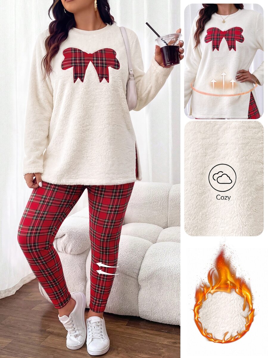 Lounesse Plus Size Women's Plaid Bow Pattern Long Sleeve Top And Pants Casual 2 Pieces Set - Multicolor - View 1