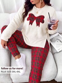 Lounesse Plus Size Women's Plaid Bow Pattern Long Sleeve Top And Pants Casual 2 Pieces Set - Multicolor - View 6