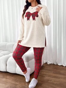 Lounesse Plus Size Women's Plaid Bow Pattern Long Sleeve Top And Pants Casual 2 Pieces Set - Multicolor - View 3