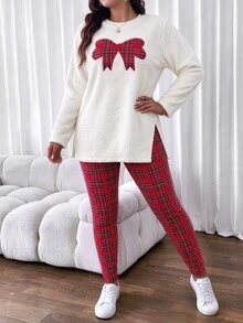 Lounesse Plus Size Women's Plaid Bow Pattern Long Sleeve Top And Pants Casual 2 Pieces Set - Multicolor - View 5
