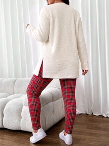Lounesse Plus Size Women's Plaid Bow Pattern Long Sleeve Top And Pants Casual 2 Pieces Set - Multicolor - View 4