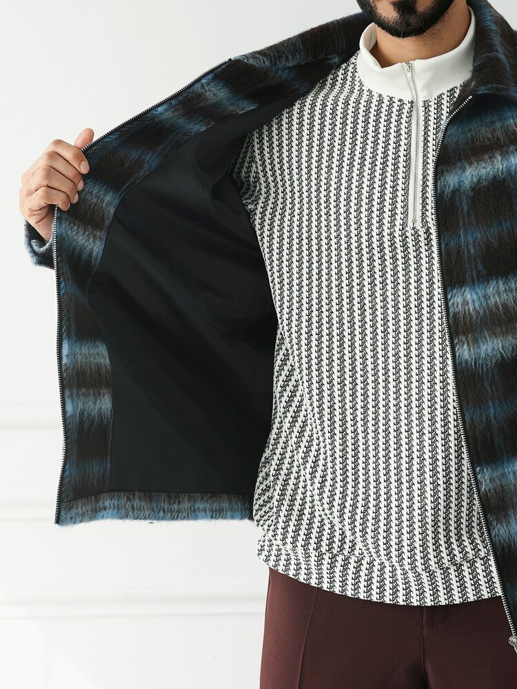 HUEFORM Vintage Colorblock Brown & Blue Striped Faux Wool Men's Short Jacket, Lapel Collar, Zipper, Dropped Shoulder, Streetwear Style, Old Money Aesthetic, Relaxed Fit - Blue - View 8