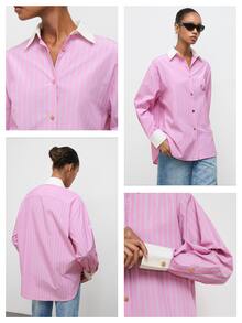 Maija Women's Casual Preppy Striped Shirt Office School Work Pink And White Striped Autumn - Pink - View 4