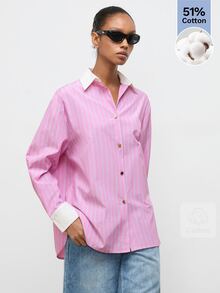 Maija Women's Casual Preppy Striped Shirt Office School Work Pink And White Striped Autumn - Pink - View 5