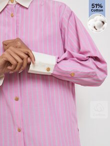 Maija Women's Casual Preppy Striped Shirt Office School Work Pink And White Striped Autumn - Pink - View 6