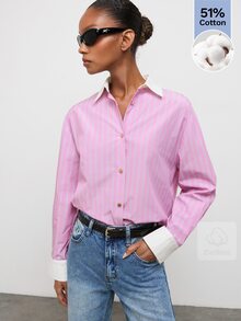 Maija Women's Casual Preppy Striped Shirt Office School Work Pink And White Striped Autumn - Pink - View 9